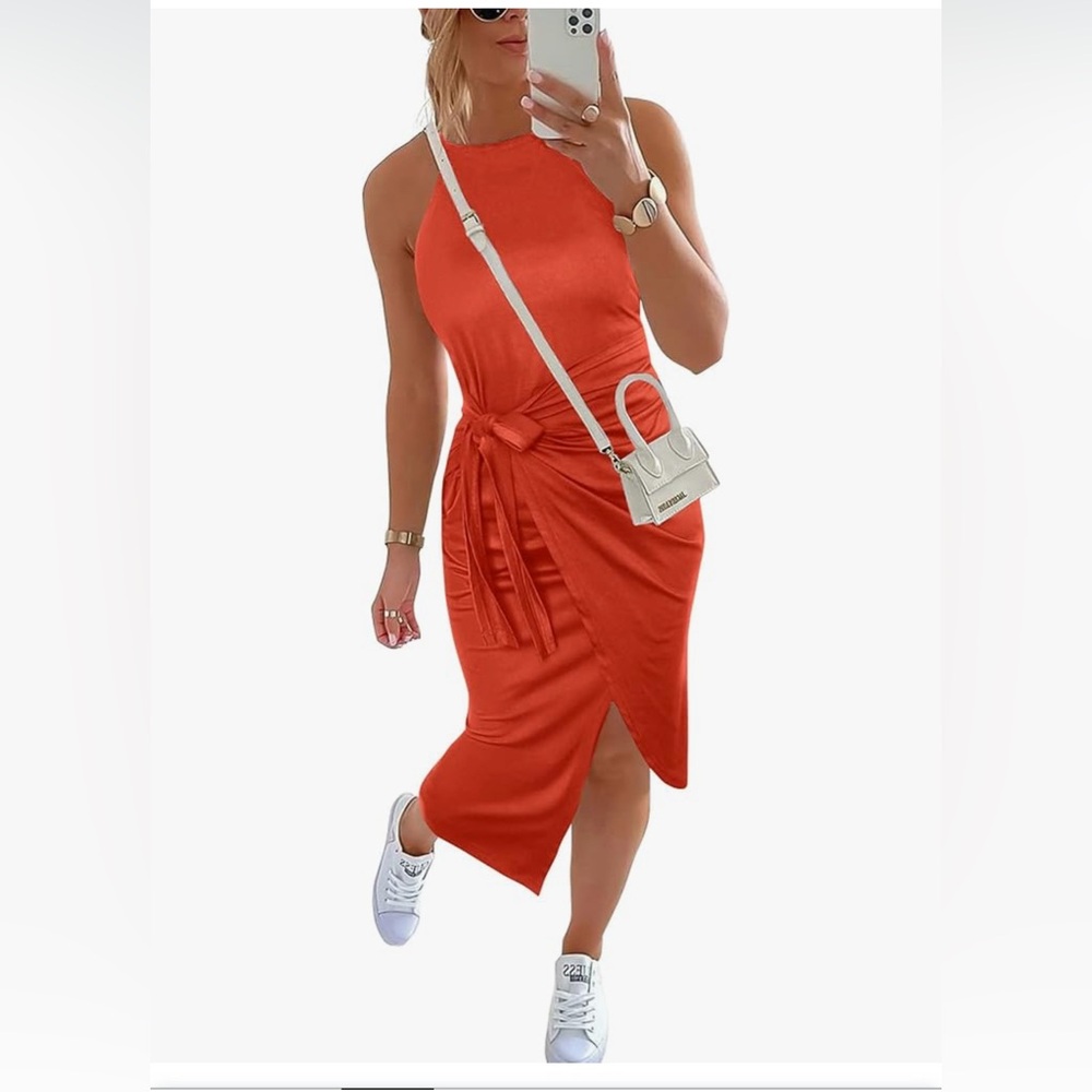Fun Orange Sleeveless Tie Waist Tulip Hem Wrap Tank Bodycon Dress